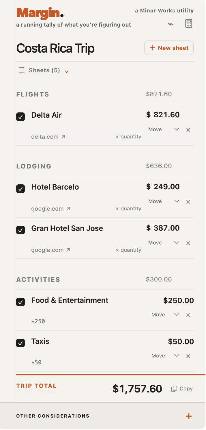 A Margin sheet organizing flight, lodging and activity costs for a Costa Rica trip
